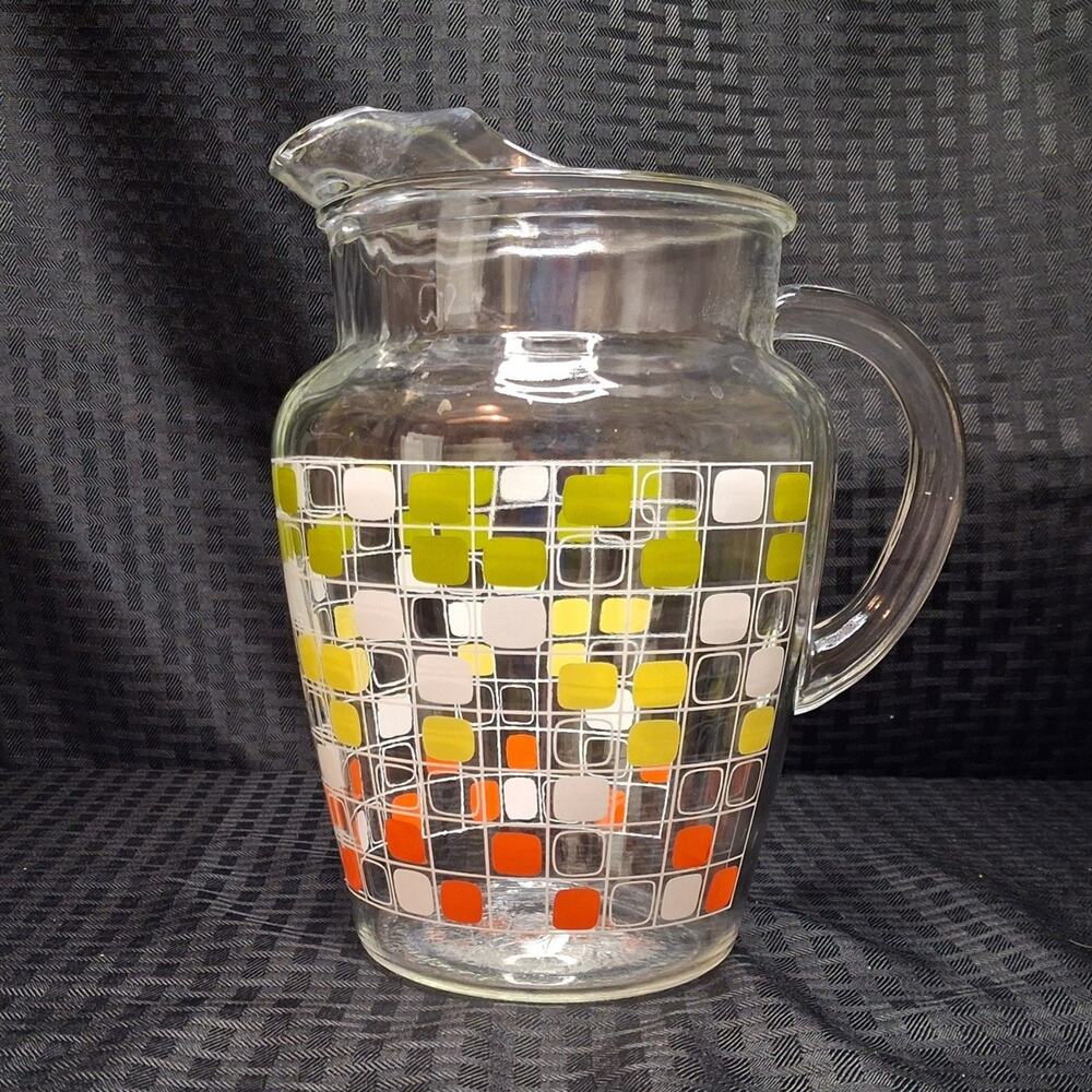 Vintage Anchor Hocking Geometric Squares Pitcher Mid-Century Modern Retro 80 oz